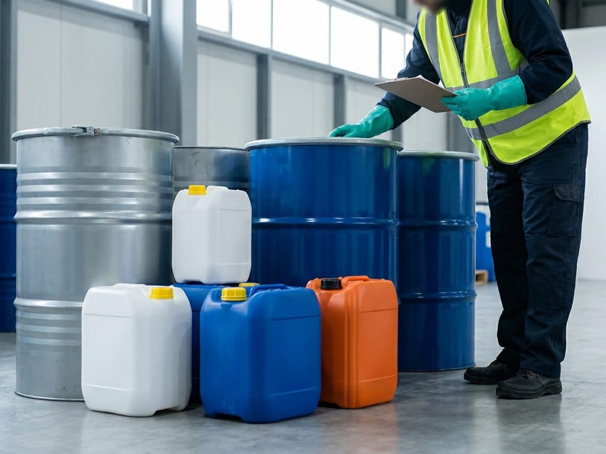 Unbranded chemical containers in a warehouse inspection area