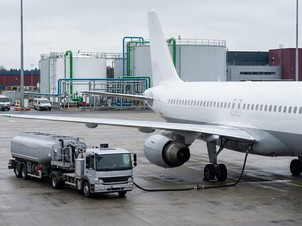 Commercial aircraft being refuelled from ground equipment at an airport