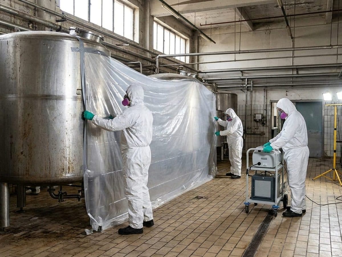 Licensed asbestos removal team establishing a controlled industrial work area