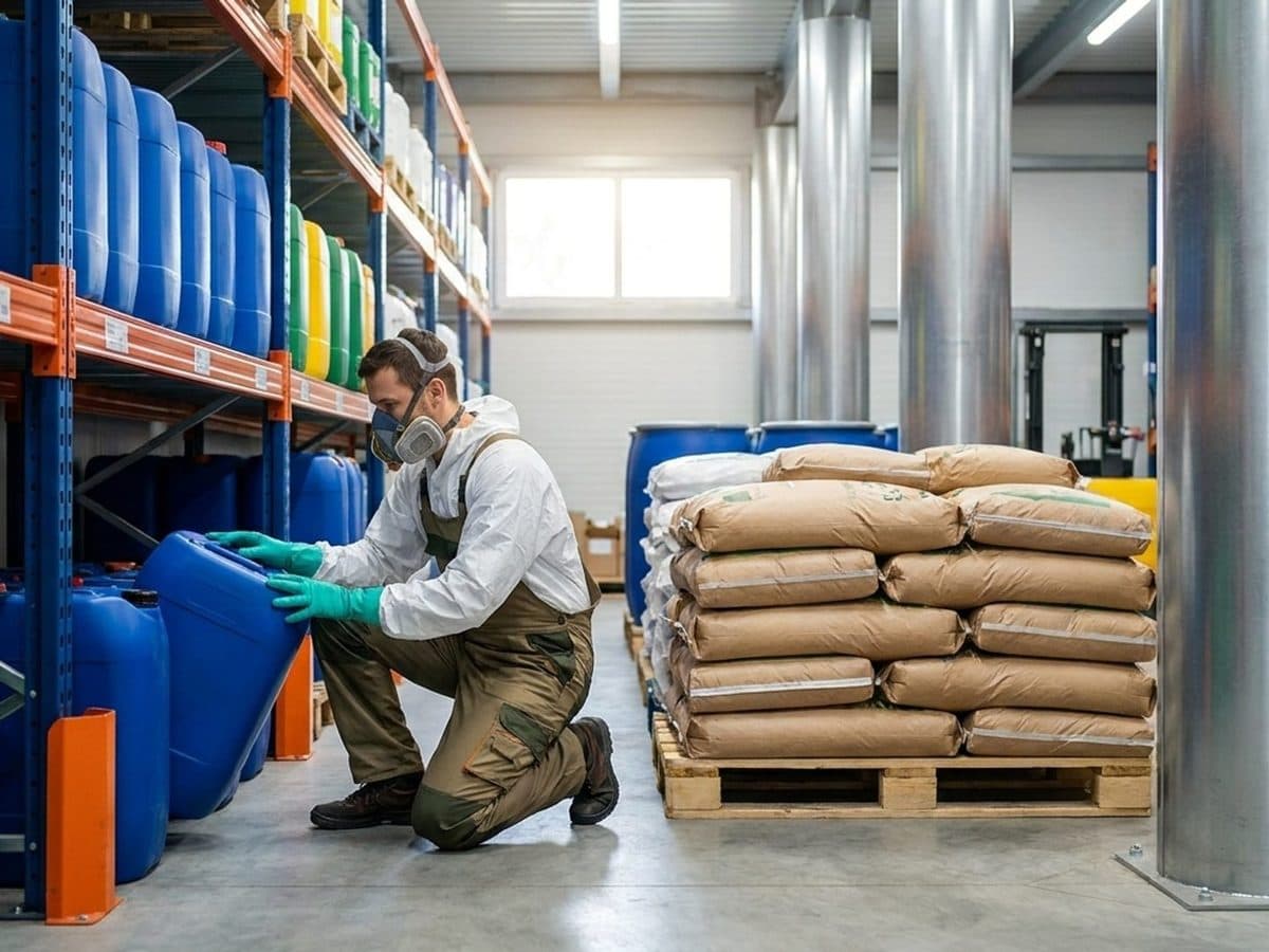 Worker checking unbranded pesticide containers in a controlled warehouse
