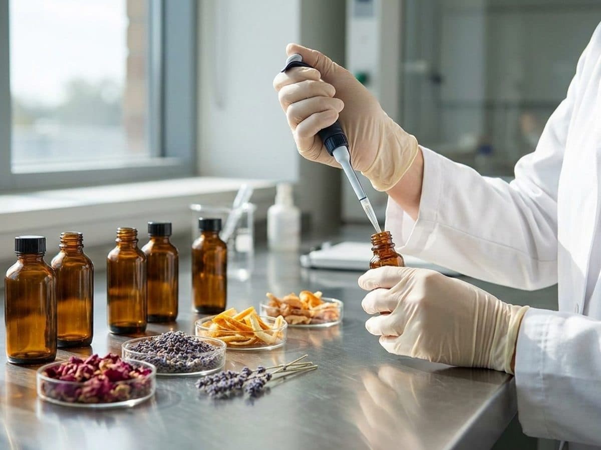 Formulator working with amber sample vials and botanical raw materials
