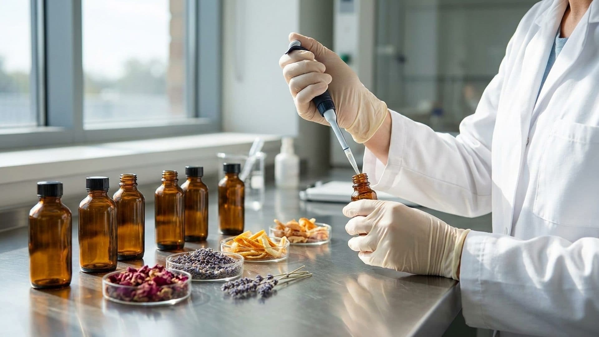 Formulator working with amber sample vials and botanical raw materials