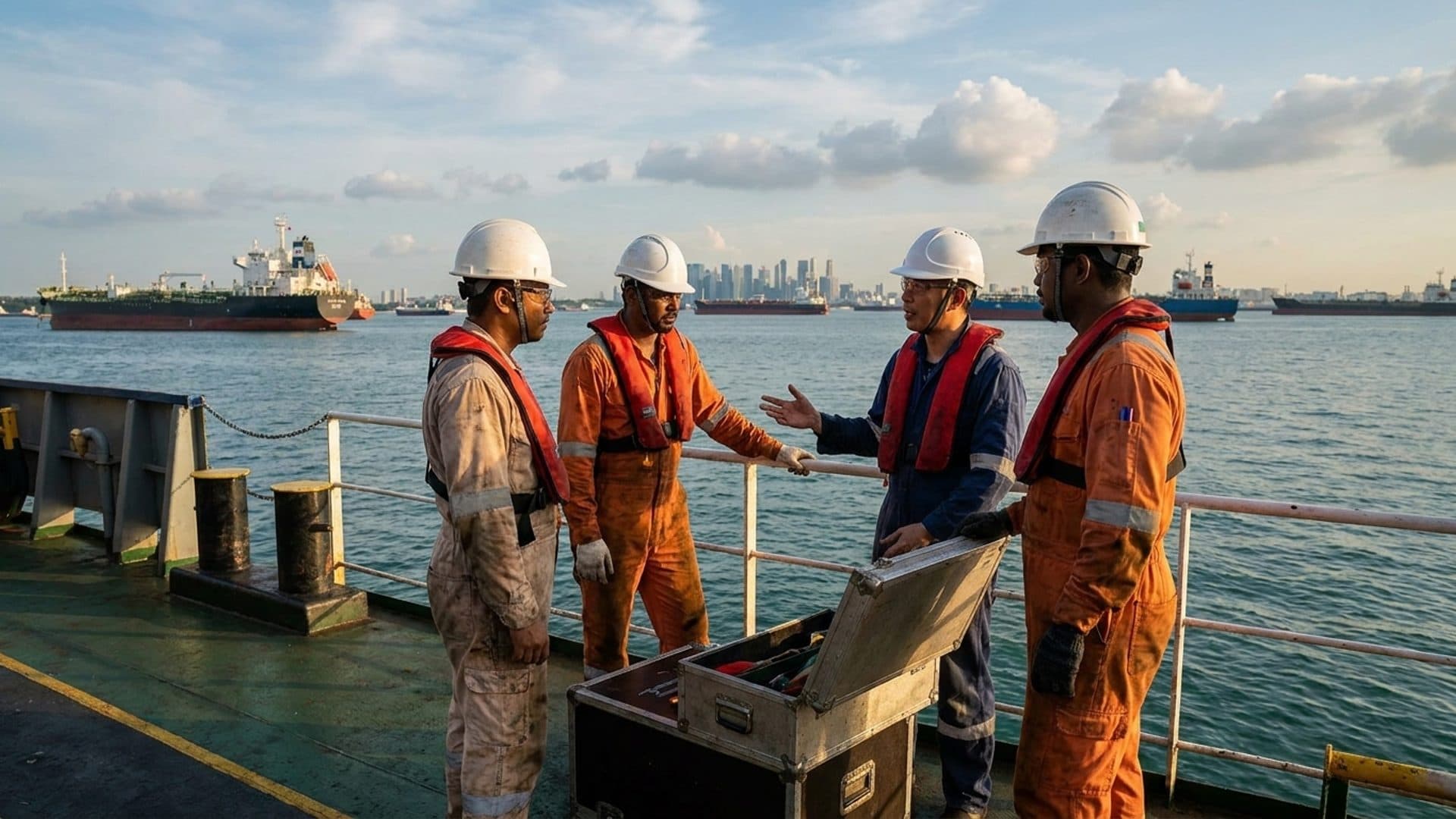 Maritime workers holding a safety briefing beside a service vessel