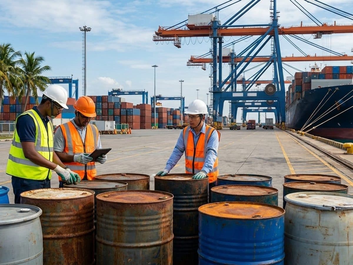 Industrial waste containers being inspected at a commercial port