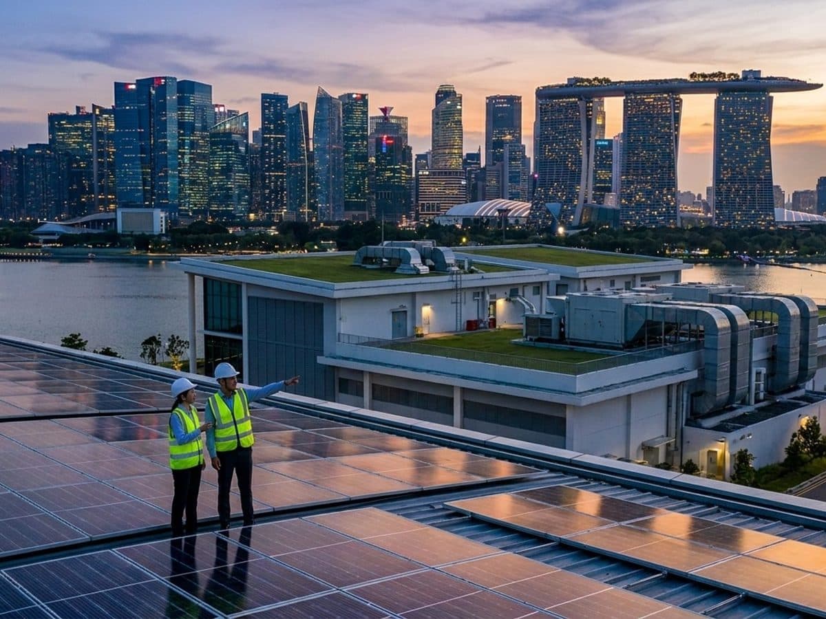 Singapore industrial facility and skyline with climate-data analysis