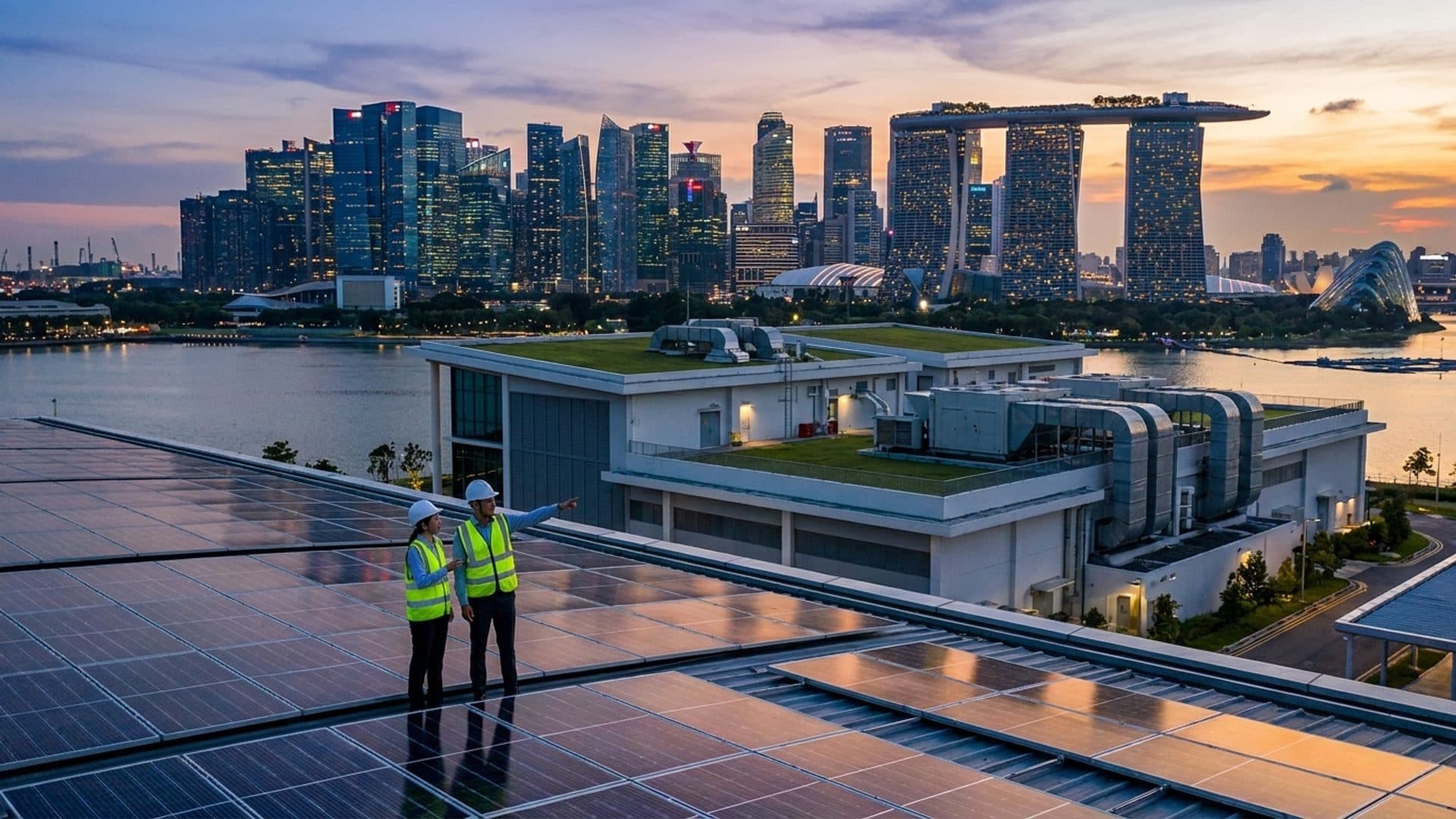Singapore industrial facility and skyline with climate-data analysis