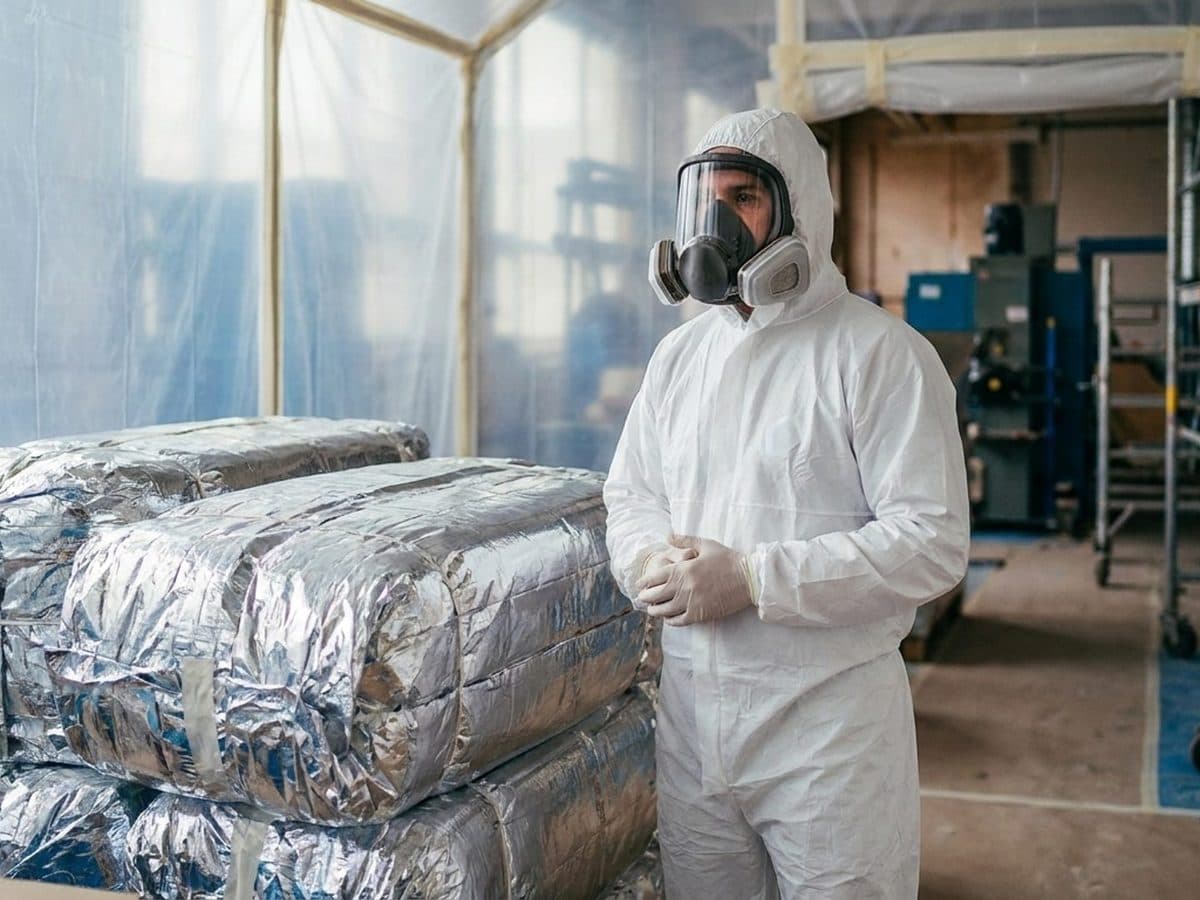 Protected worker inspecting sealed insulation at a controlled refurbishment site
