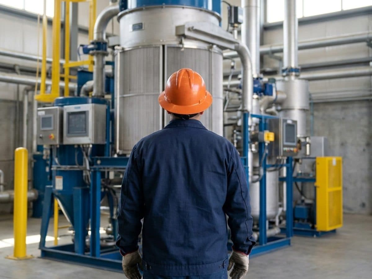 Engineer inspecting emission-control equipment at an industrial plant