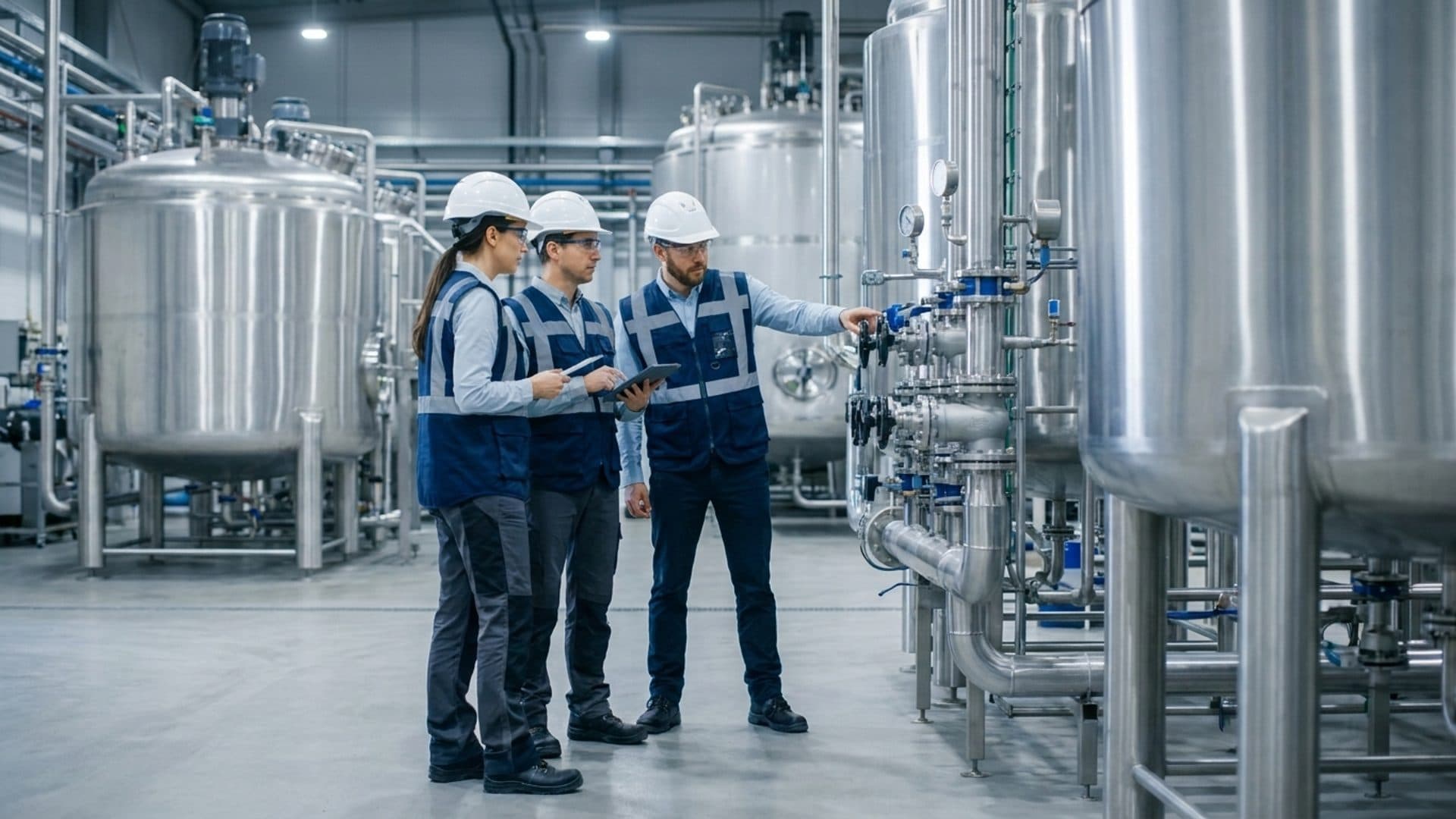 Emergency team inspecting a clean chemical production facility