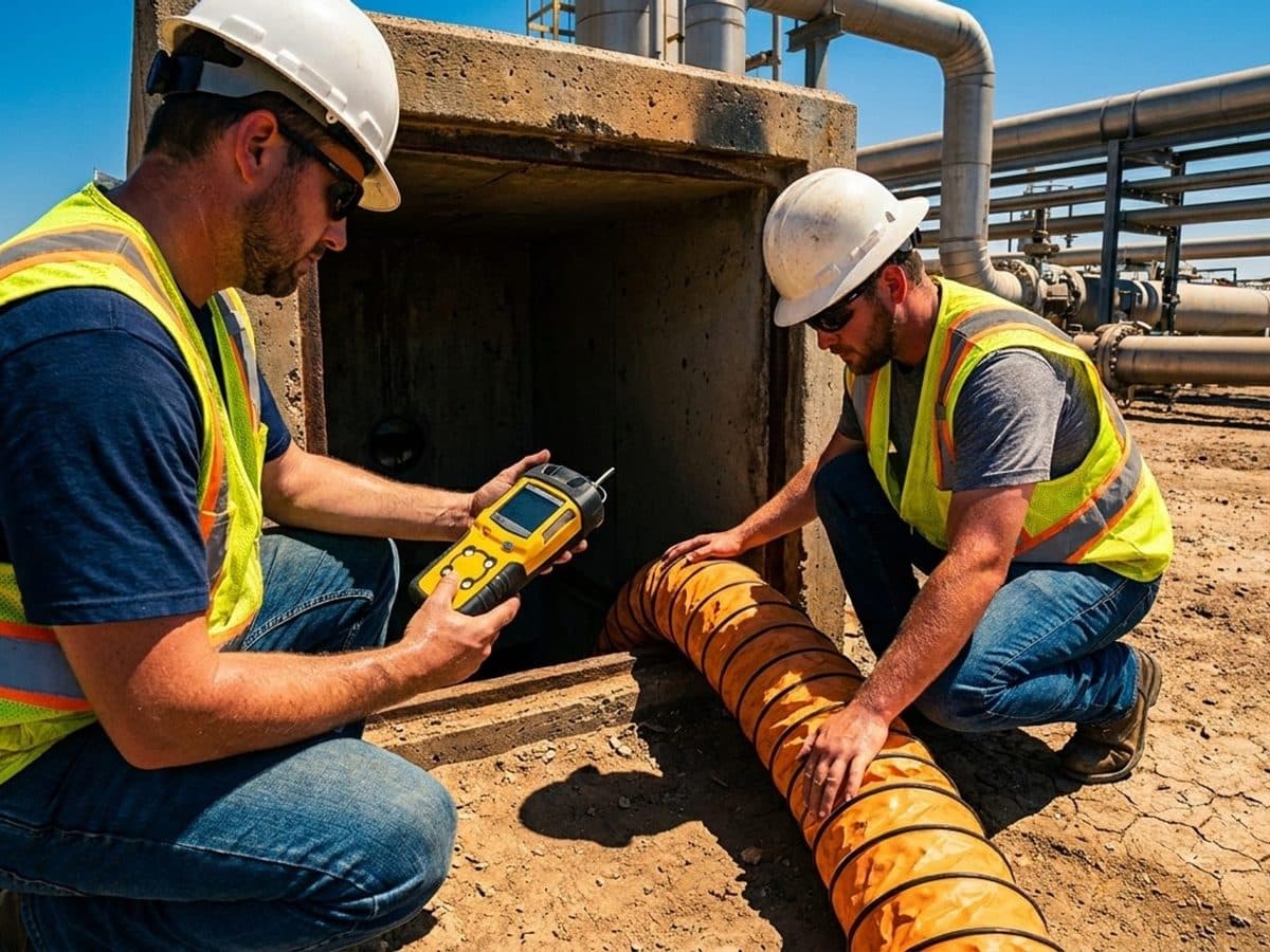 Industrial workers using gas-monitoring and ventilation equipment in hot weather
