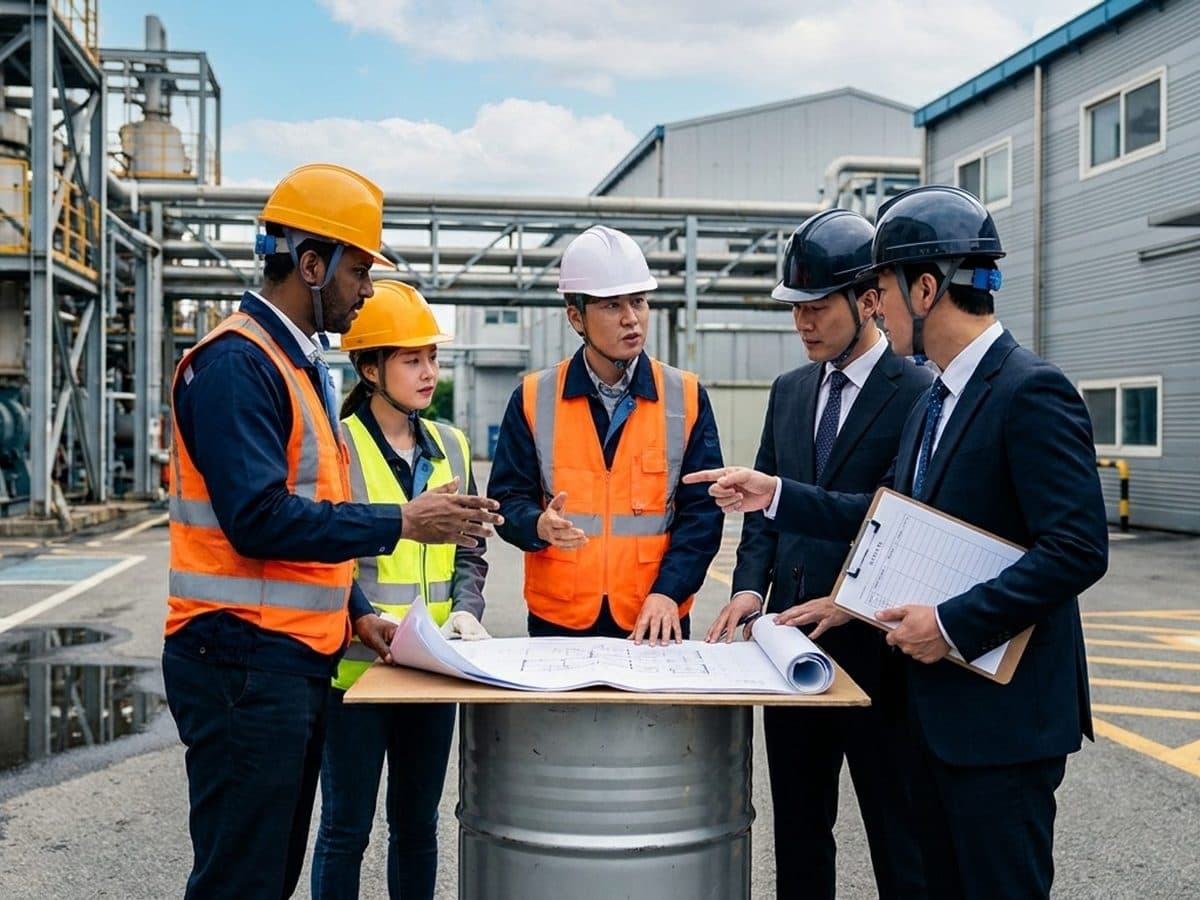 A mixed employer, contractor and worker safety briefing at a South Korean industrial site, showing permit or stop-work discussion without depicting an accident