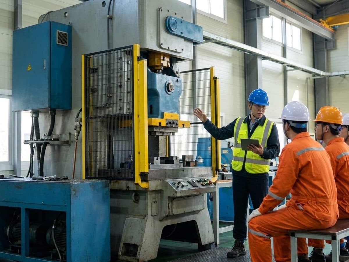 Safety manager leading a worker briefing in a factory