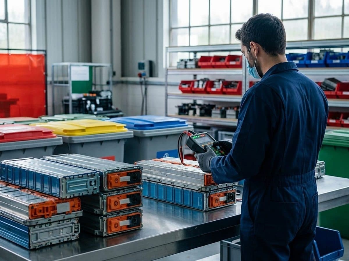 Used electric-vehicle battery modules in a clean recycling facility