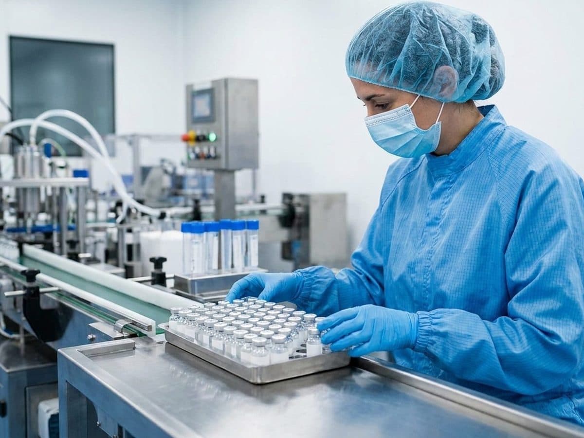 Quality specialist inspecting medicine vials on a pharmaceutical production line