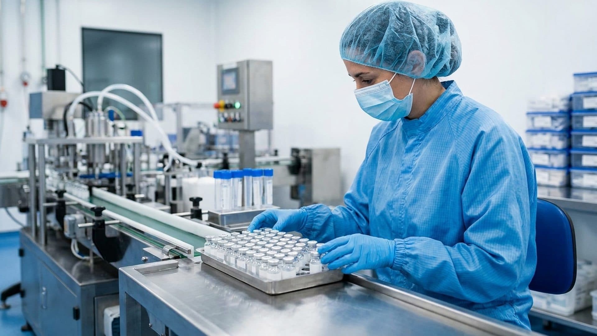 Quality specialist inspecting medicine vials on a pharmaceutical production line