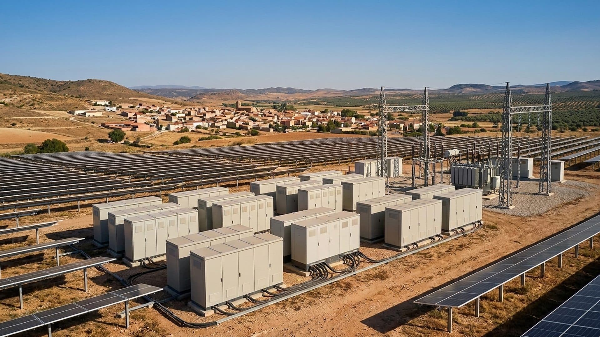 Solar generation, battery storage and a grid substation near a Spanish municipality