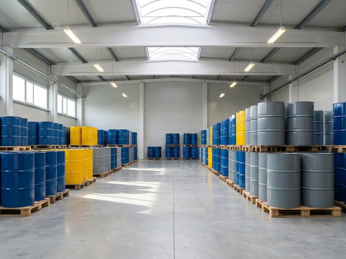 Industrial chemical drums in a controlled warehouse setting
