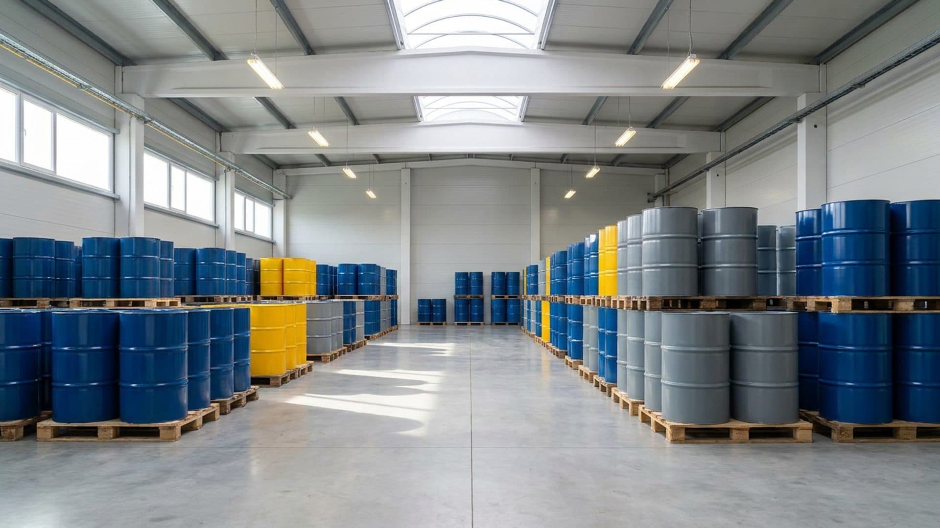 Industrial chemical drums in a controlled warehouse setting