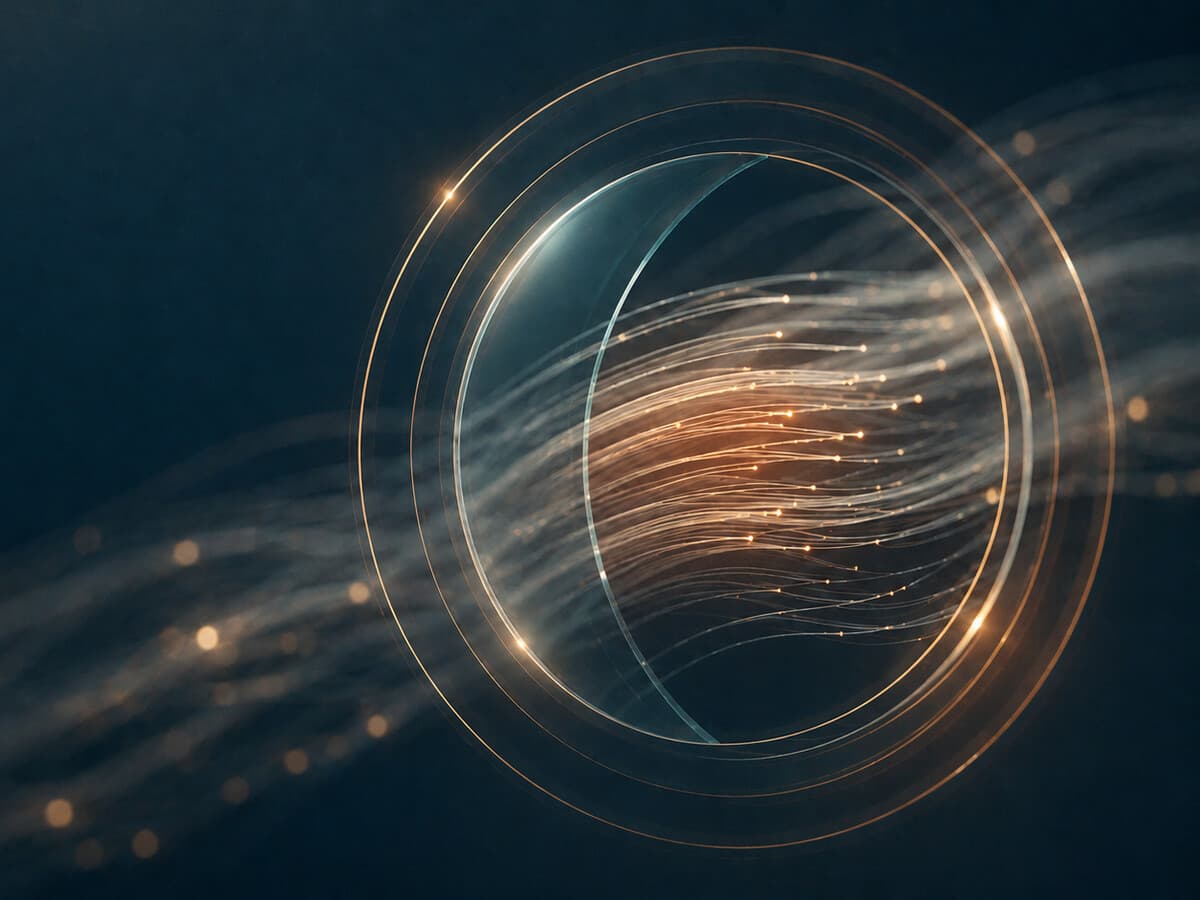 Concentric glass rings with fine illuminated strands on a dark navy background