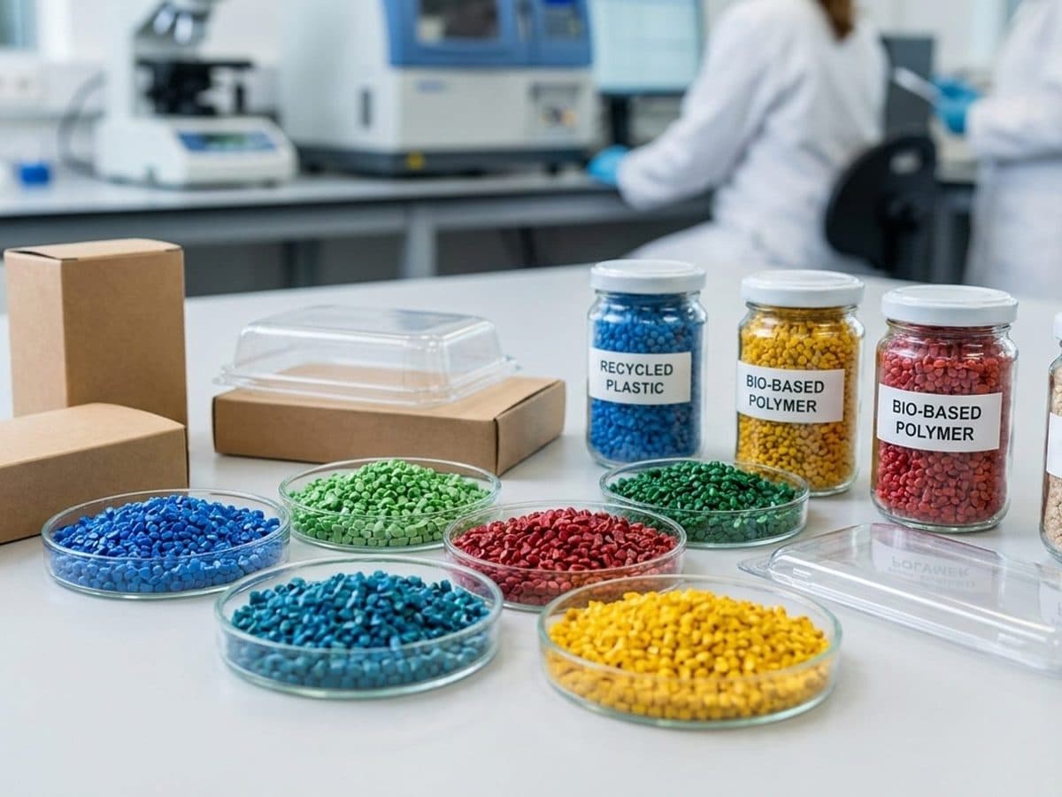 Recycled plastic pellets and bio-based polymer granules in a materials laboratory