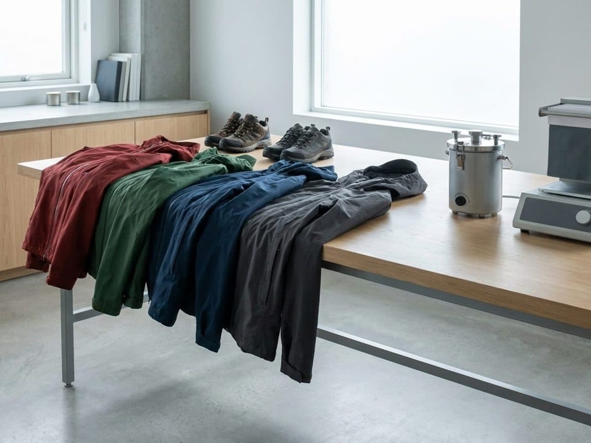 Waterproof outdoor clothing and footwear in a clean textile testing studio
