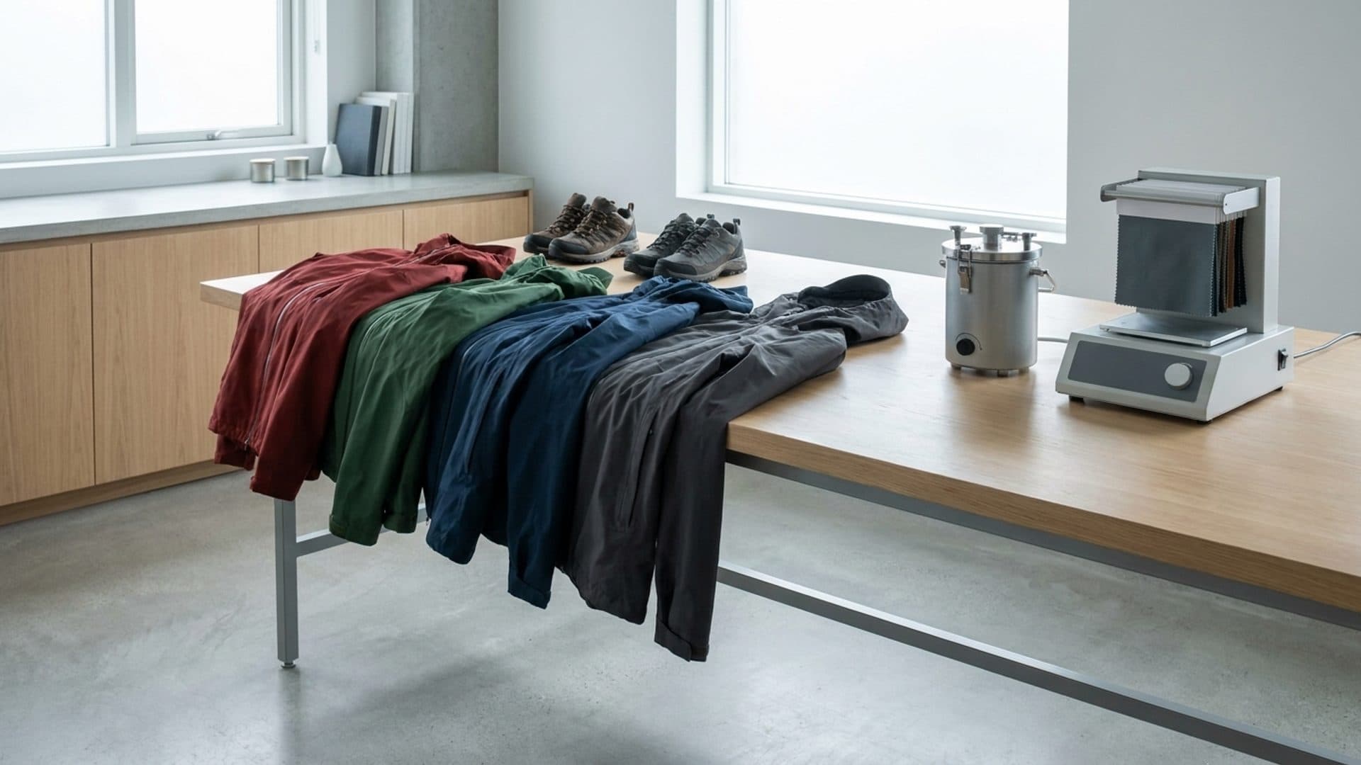 Waterproof outdoor clothing and footwear in a clean textile testing studio