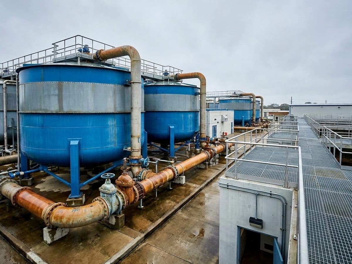 Water treatment facility with filtration tanks and pipework