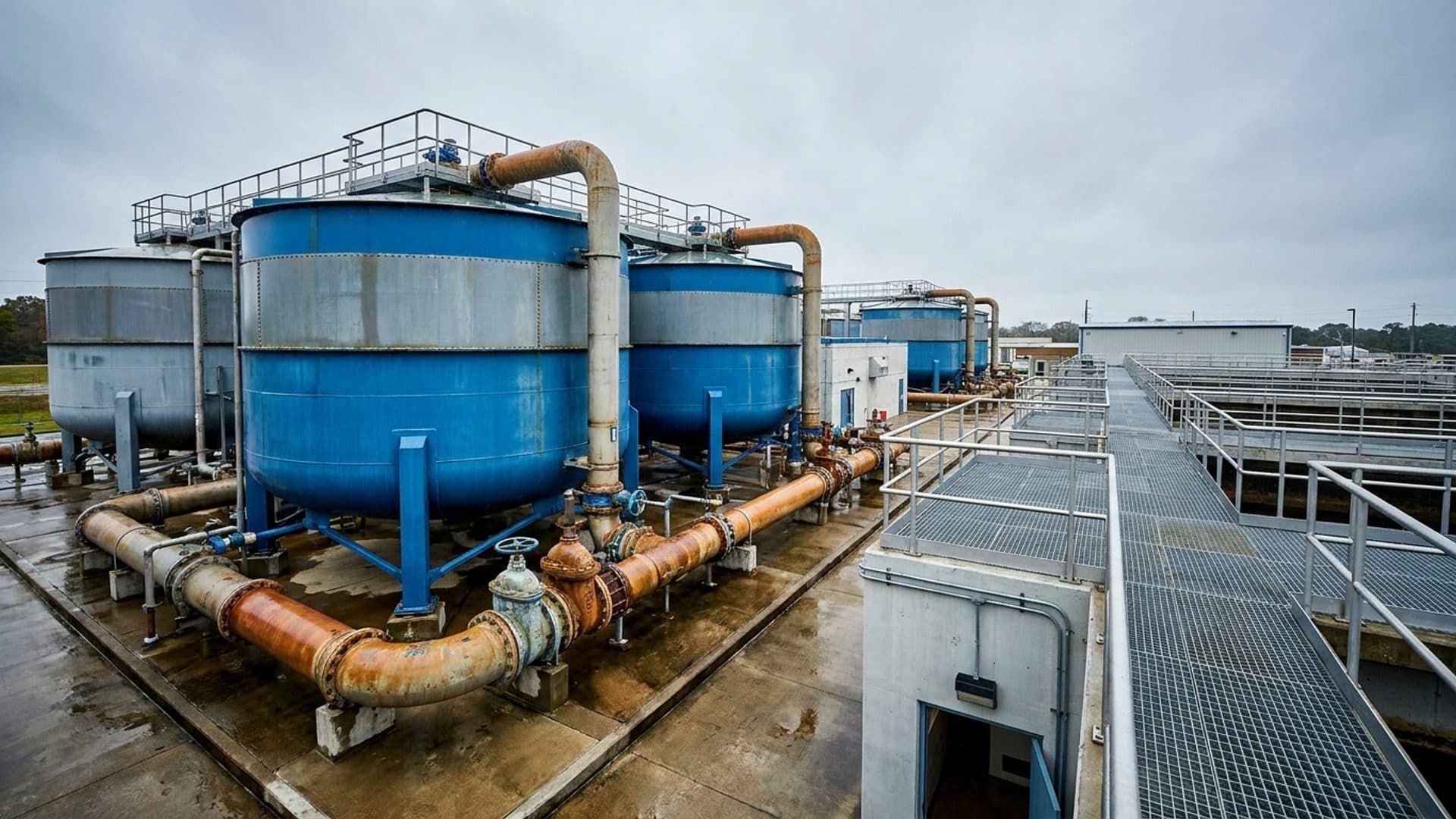 Water treatment facility with filtration tanks and pipework