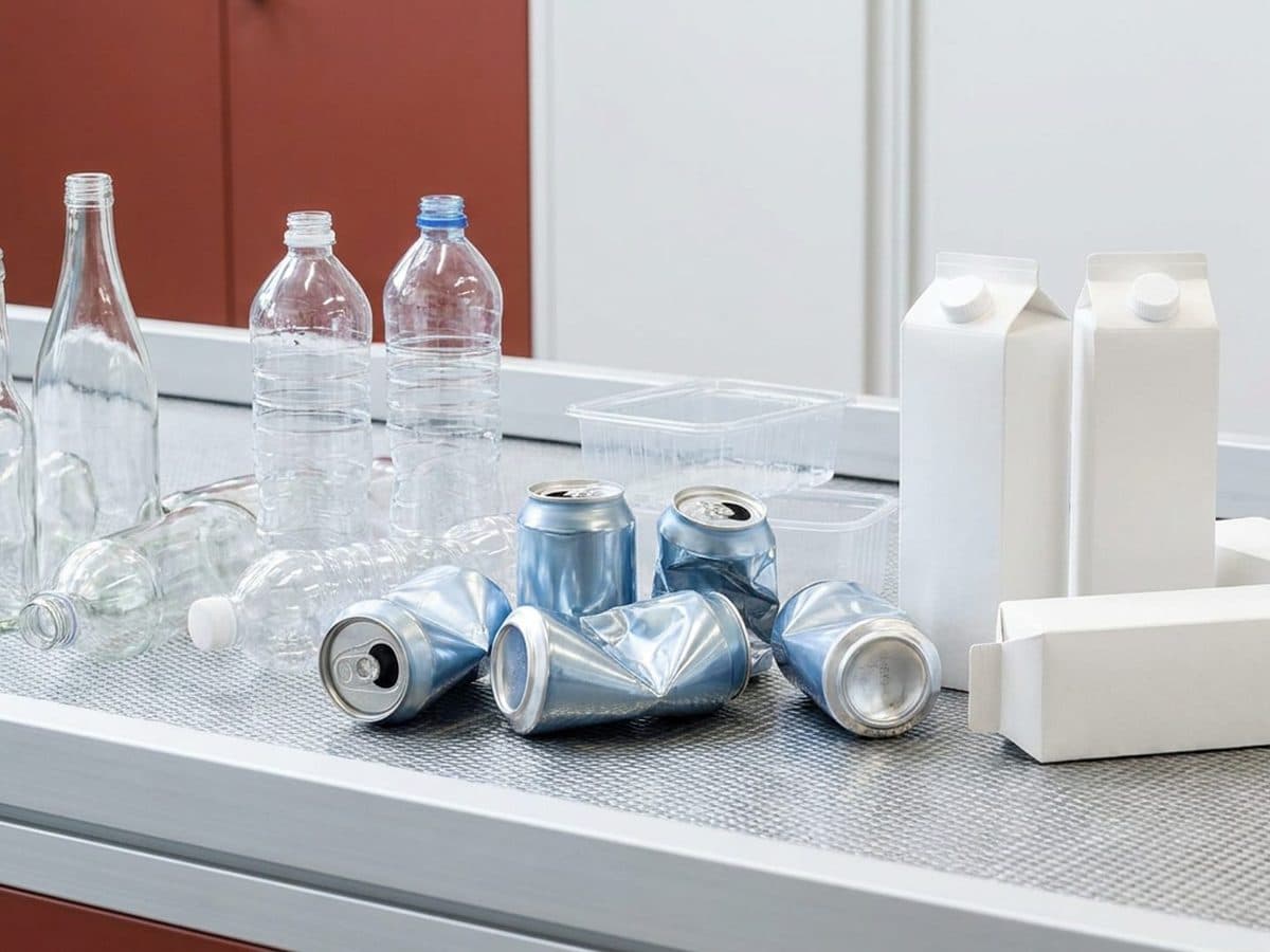 Sorted recyclable packaging on a clean sorting table
