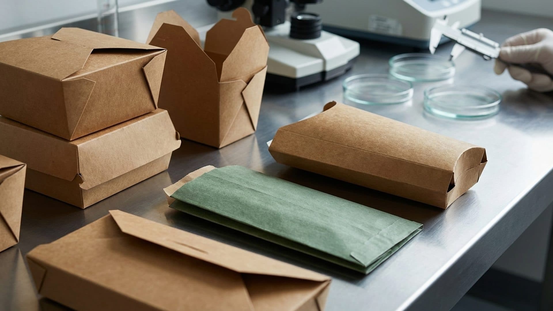 Food packaging materials on a quality control worktable
