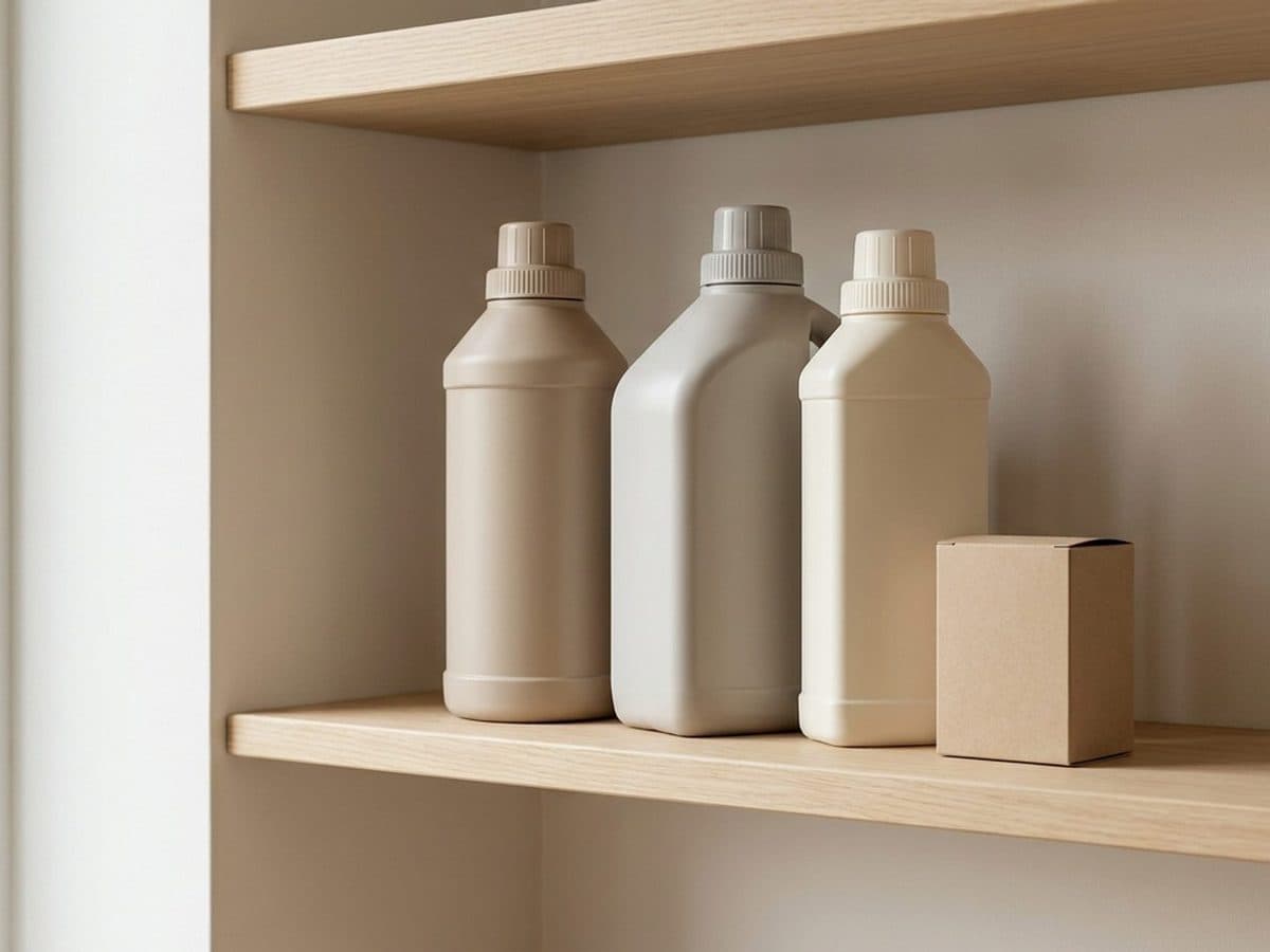 Unbranded household chemical bottles and a medicine carton