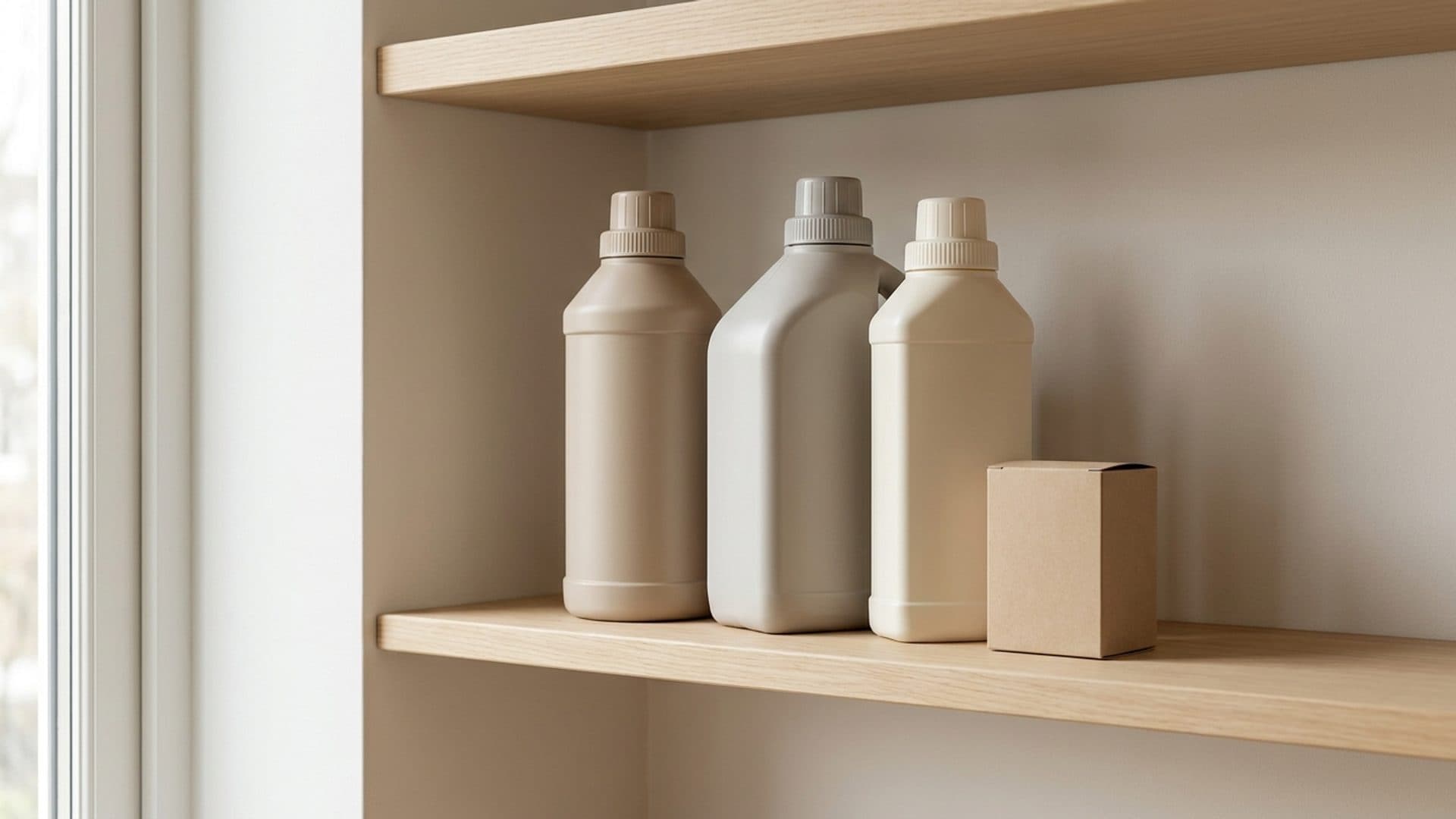 Unbranded household chemical bottles and a medicine carton