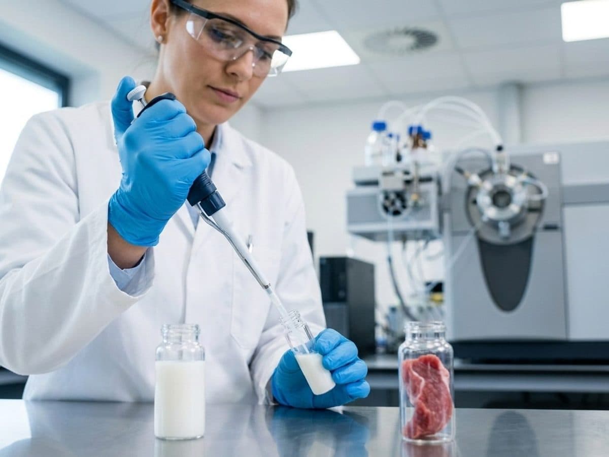 Analytical chemist preparing animal-product samples in a food laboratory
