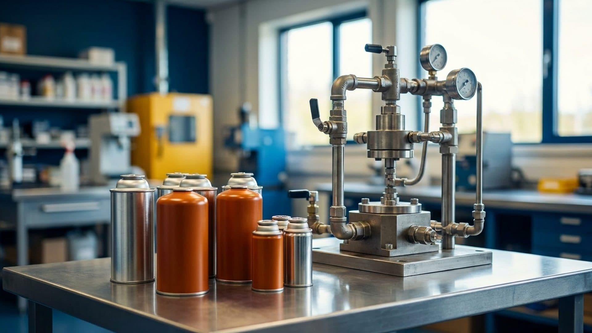 Unlabelled fuel canisters beside a pressure-test fixture