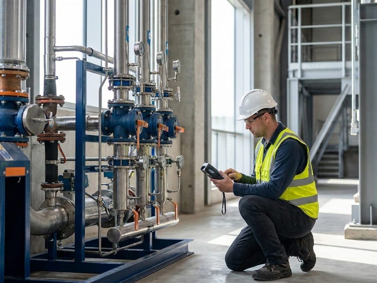 Industrial emissions specialist reviewing monitoring equipment