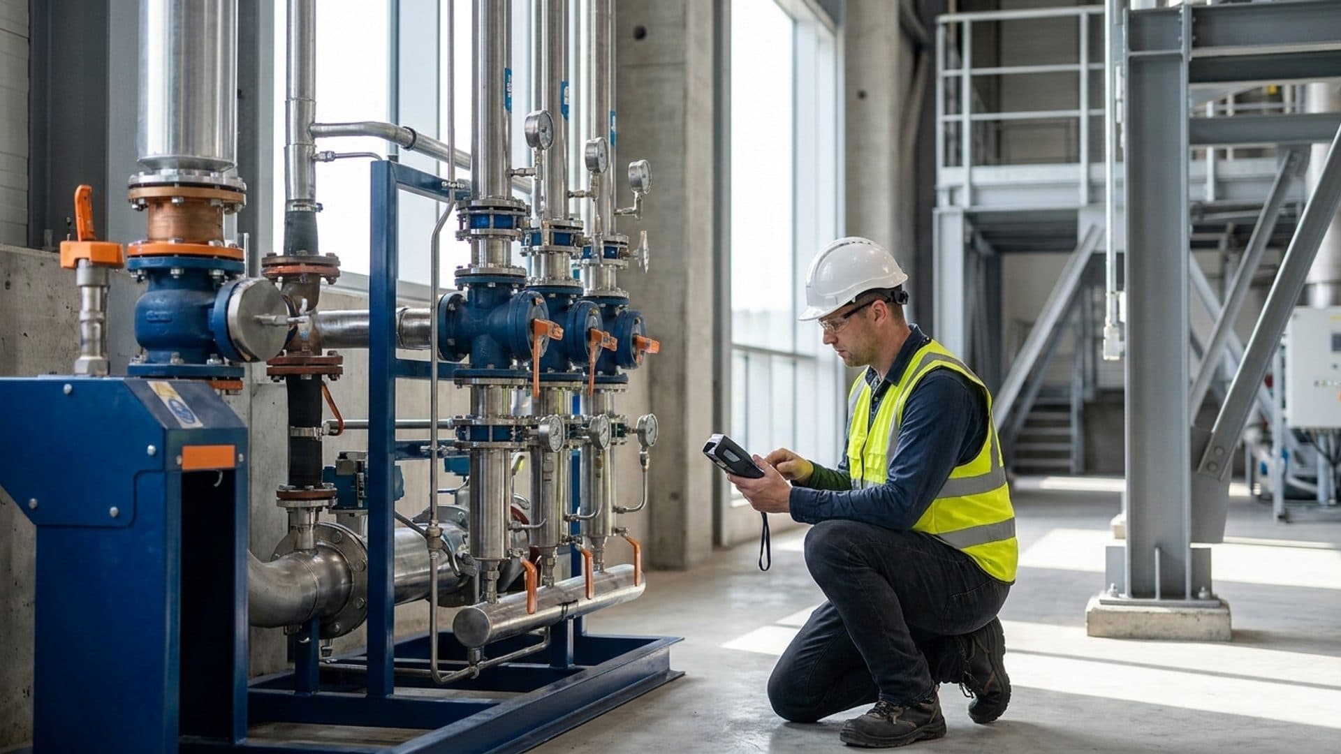 Industrial emissions specialist reviewing monitoring equipment