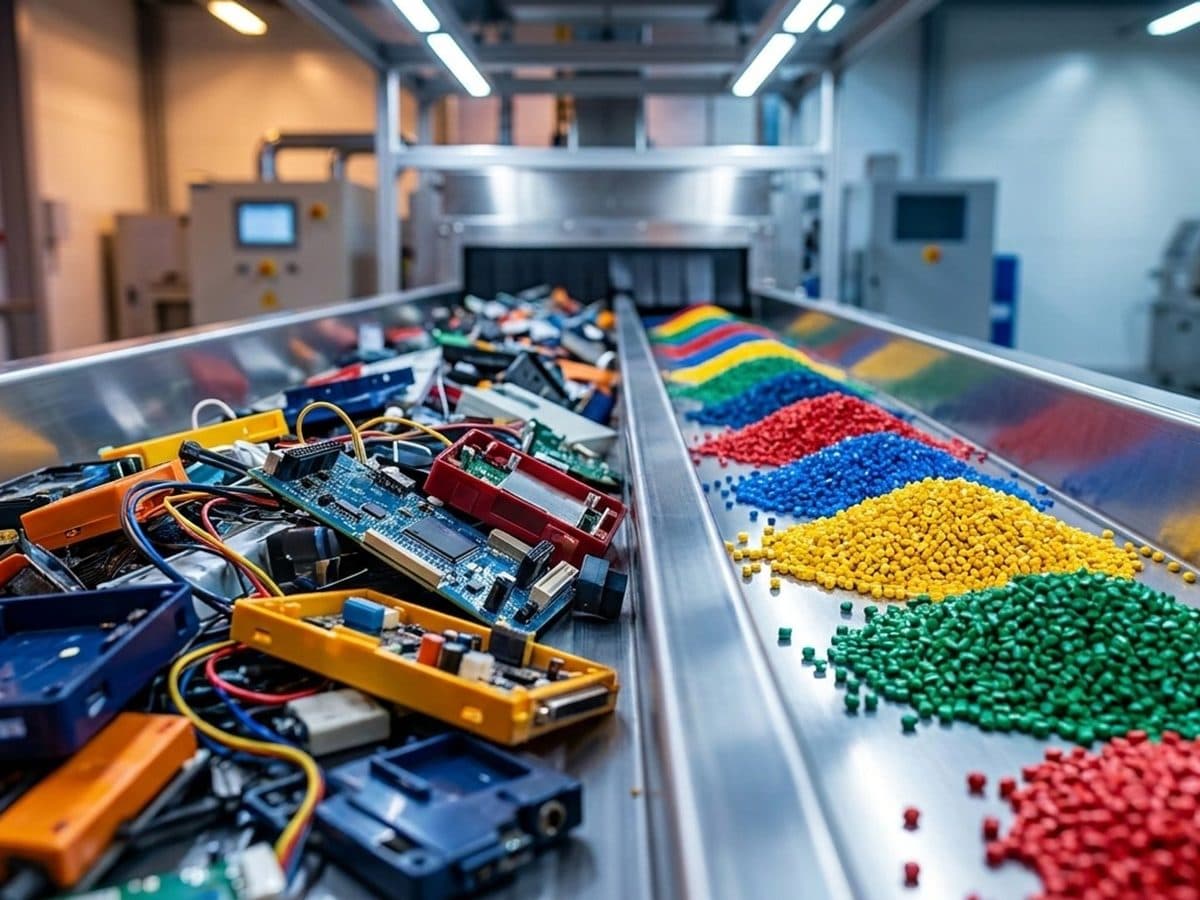 Dismantled electronics and sorted recycled-plastic pellets on a recovery line