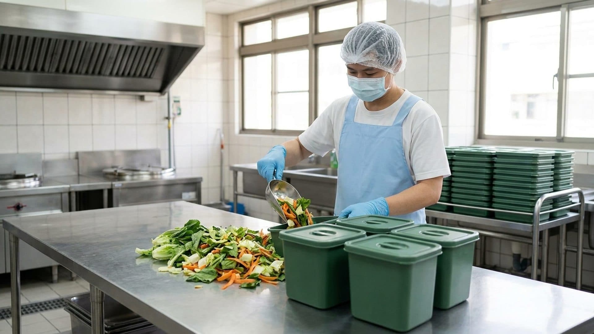 Sorted food waste collected in plain reusable containers in an institutional kitchen