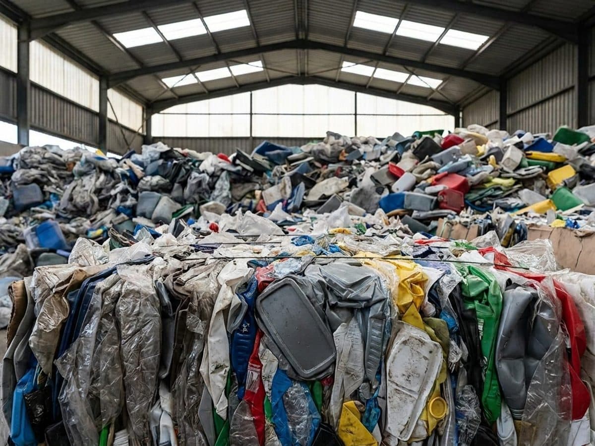 Mixed plastic packaging material in an industrial recycling bay