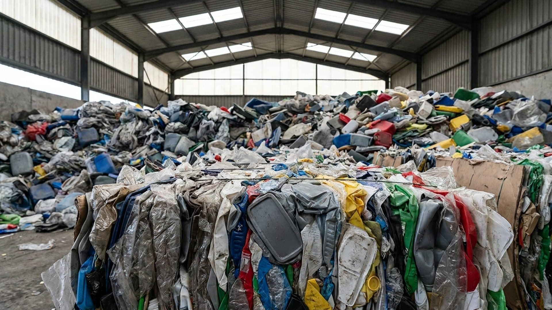 Mixed plastic packaging material in an industrial recycling bay