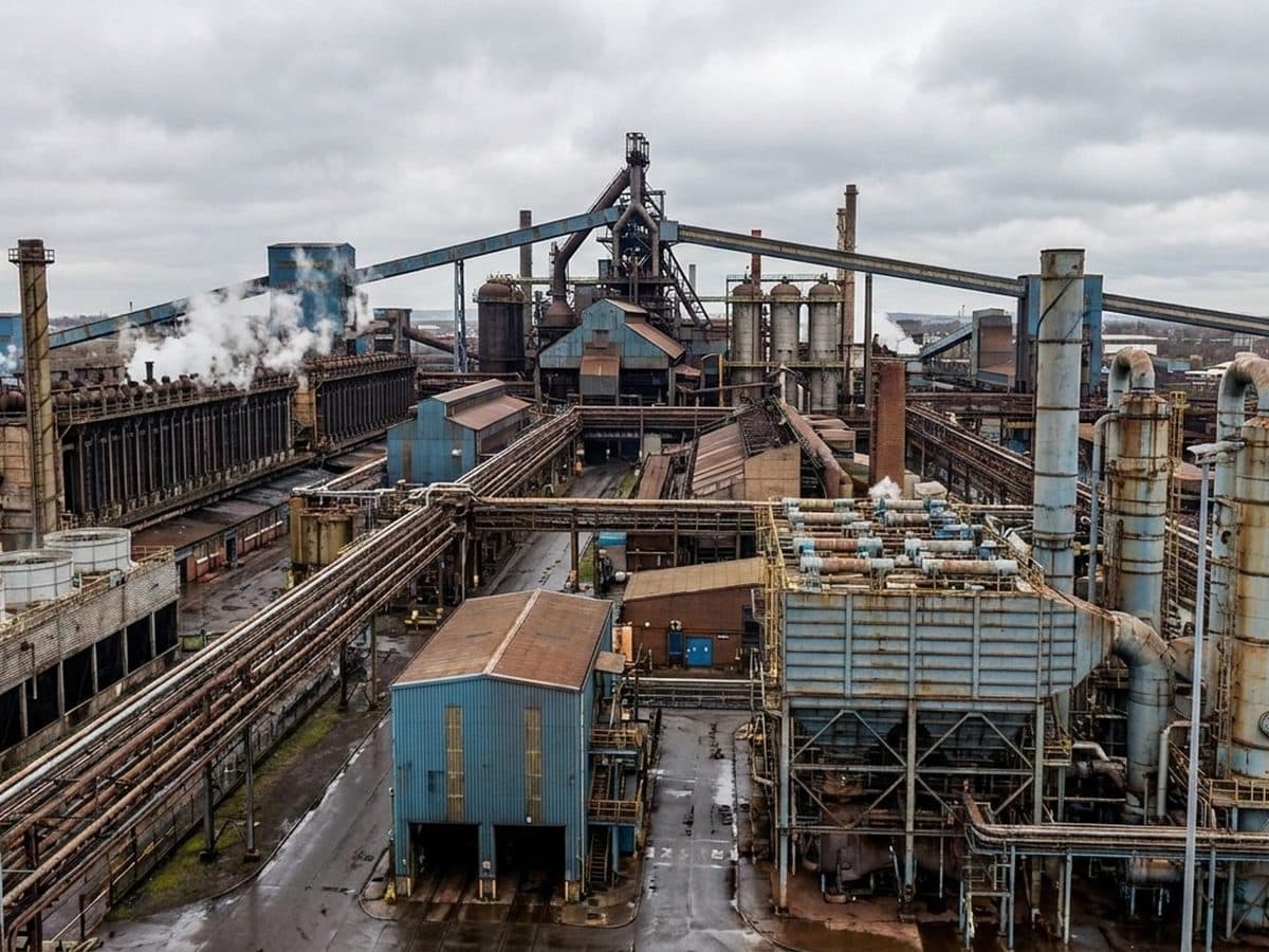 Wide-angle industrial steel plant with coke ovens and controlled emissions infrastructure