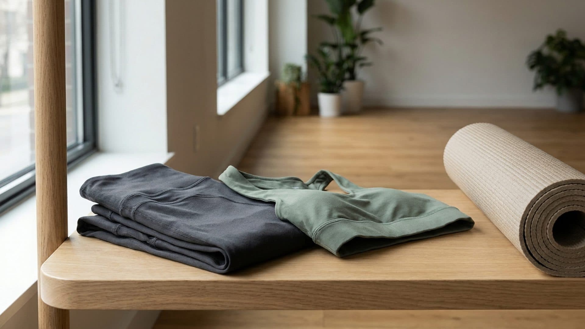 Generic unbranded activewear beside a yoga mat