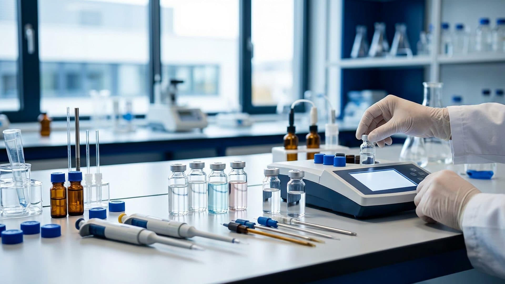 Laboratory water testing equipment used for chemical compliance analysis