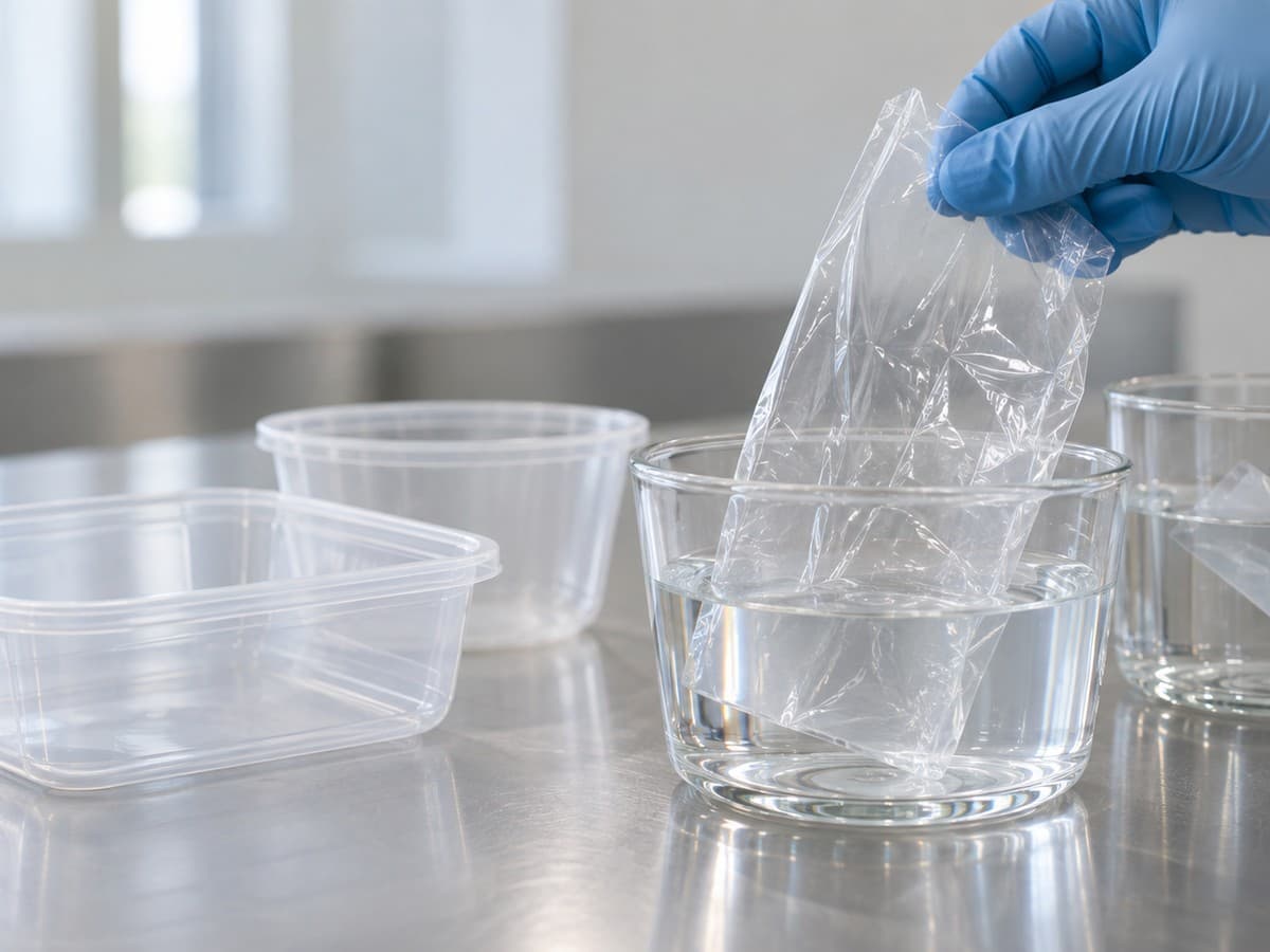 Food packaging laboratory testing clear plastic containers and films in glass migration testing vessels