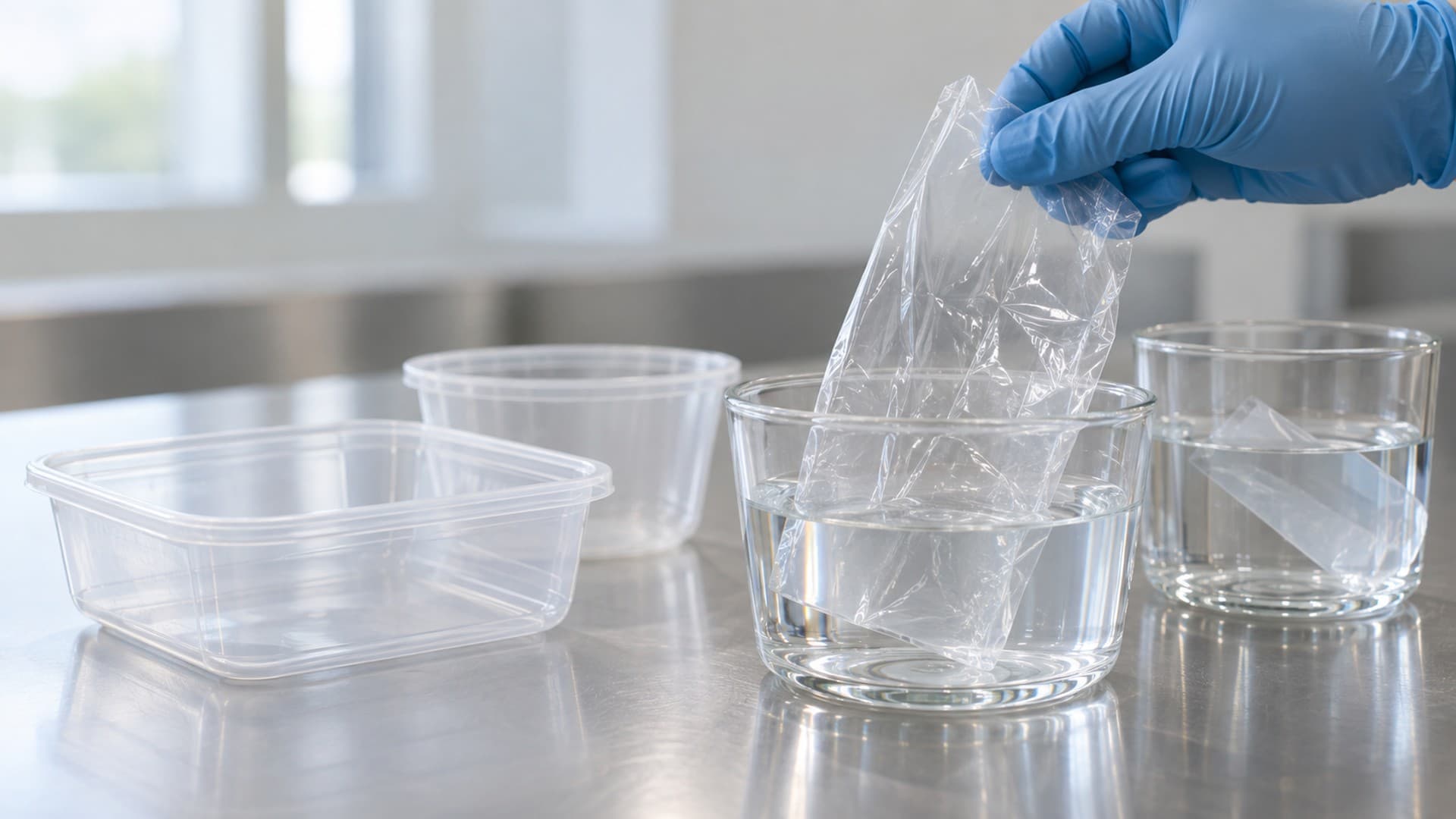 Food packaging laboratory testing clear plastic containers and films in glass migration testing vessels