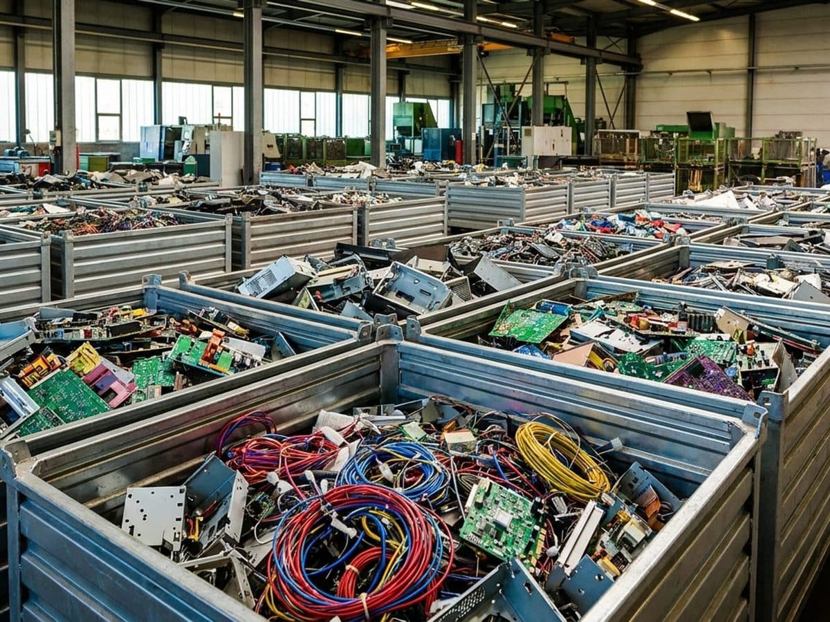 Sorted electronic waste in industrial collection bins