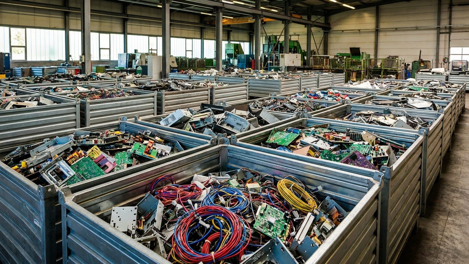 Sorted electronic waste in industrial collection bins