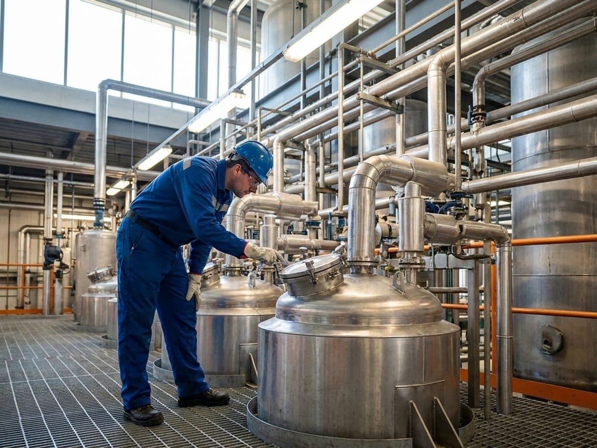 Operator inspecting sealed chemical manufacturing equipment from a factory walkway