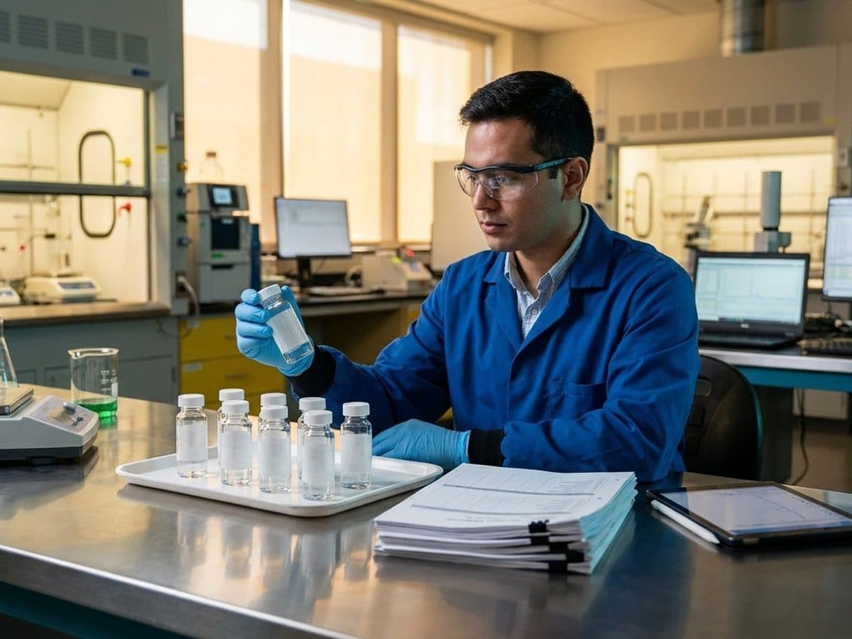Laboratory technician reviewing chemical samples and compliance records