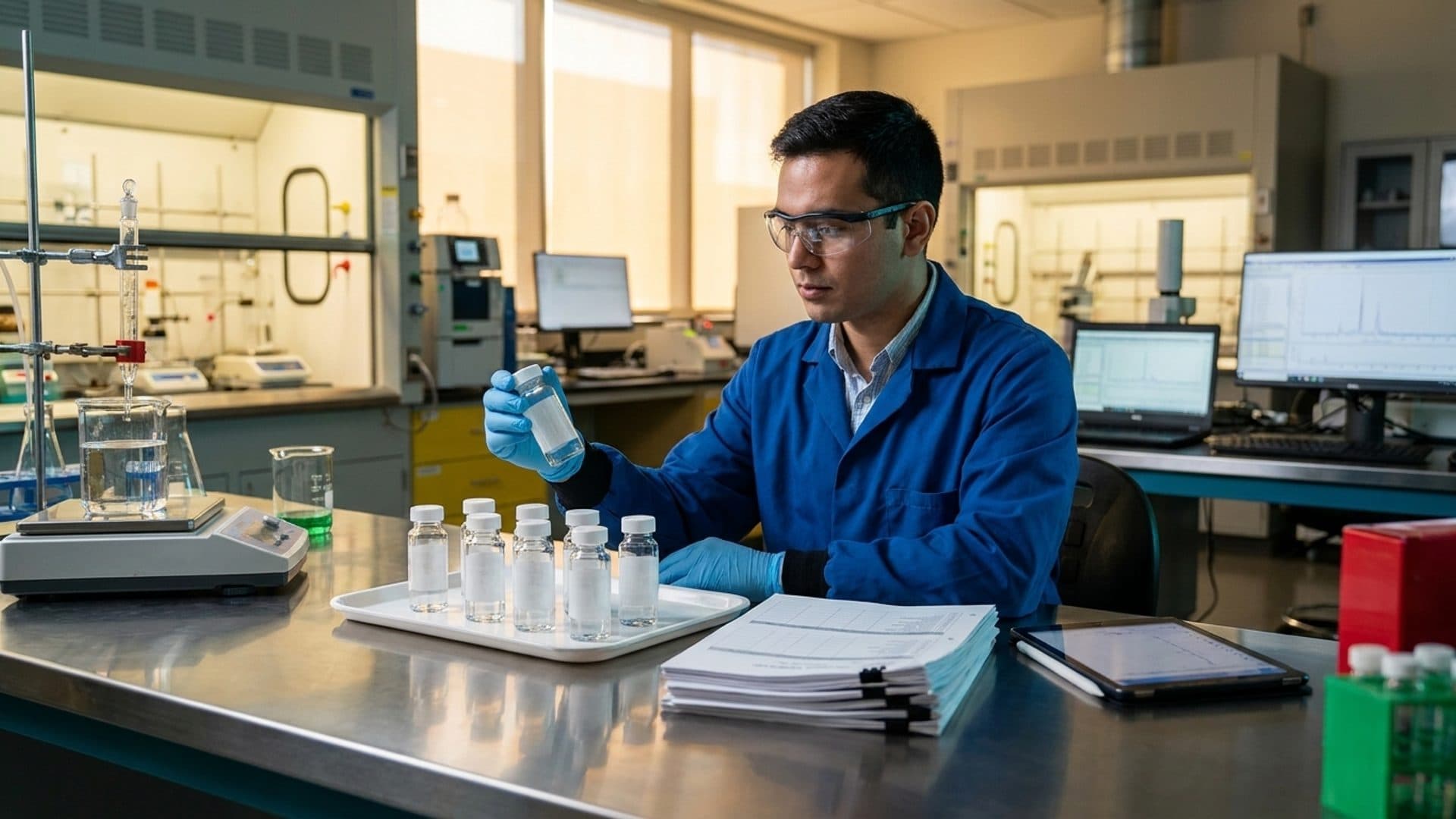 Laboratory technician reviewing chemical samples and compliance records